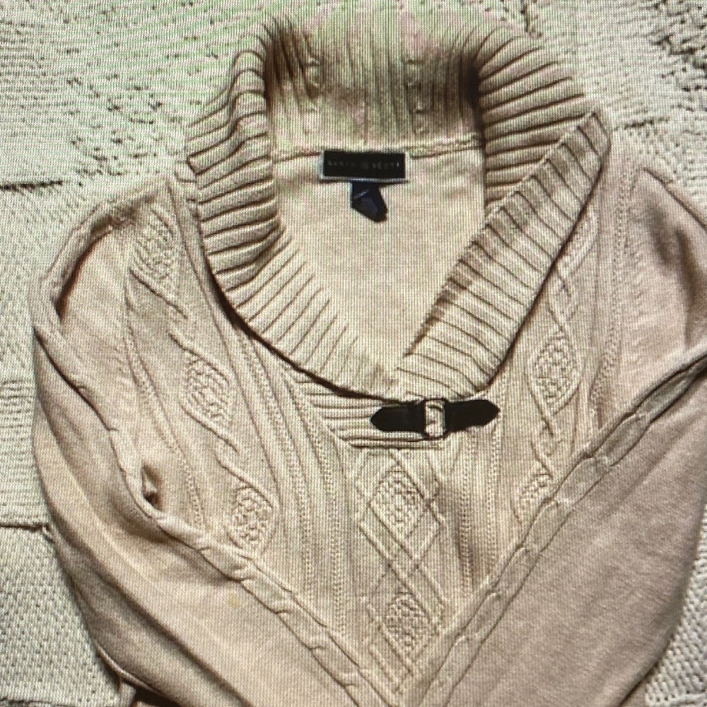 Karen Scott Cream Cable-Knit Shawl Collar Sweater with Buckle